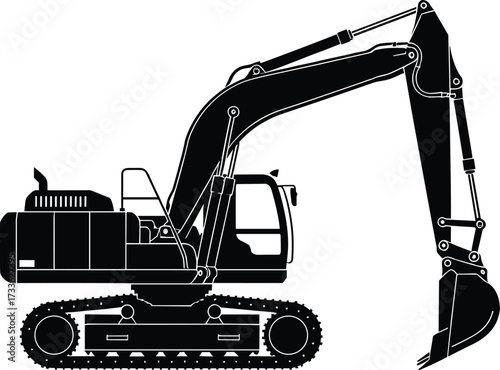Hydraulic excavator silhouette, construction machinery vector, heavy equipment side view, tracked vehicle illustration, industrial digger arm, bucket, boom, cab detail