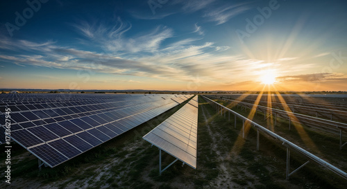 Wide-angle shot of modern solar panels in a large solar farm under a dramatic blue sky with glowing sunlight rays.