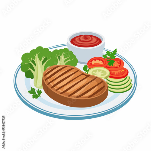 Juicy beef steak with garnish on plate.