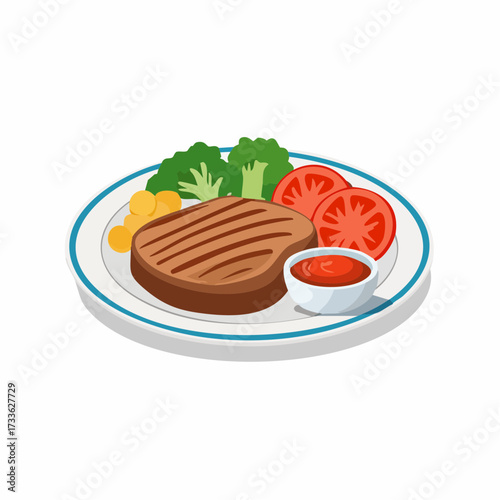Juicy beef steak with garnish on plate.