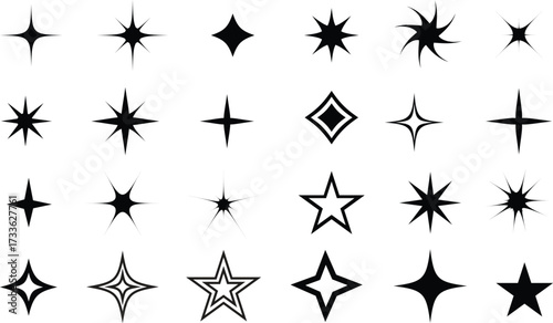 Star sparkle and twinkle icons set shining burst, glitter flash, glowing rays and magic spark elements vector illustration.