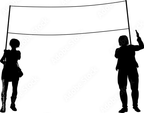 Two protestors or demonstrators at a demonstration march, picket line or strike protest rally in silhouette. Holding up a banner sign.