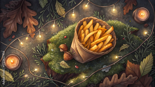 Enchanted Fries Clearing, thumbnail-friendly. Top-down view of a rustic cone of golden fries served in an acorn-cup
