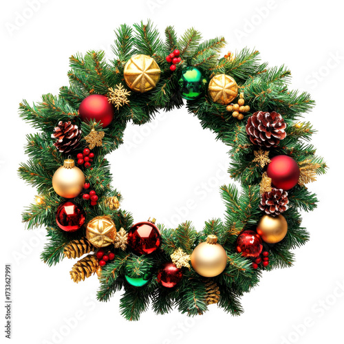 Decorative holiday wreath featuring ornaments and pinecones appears festive on transparent background