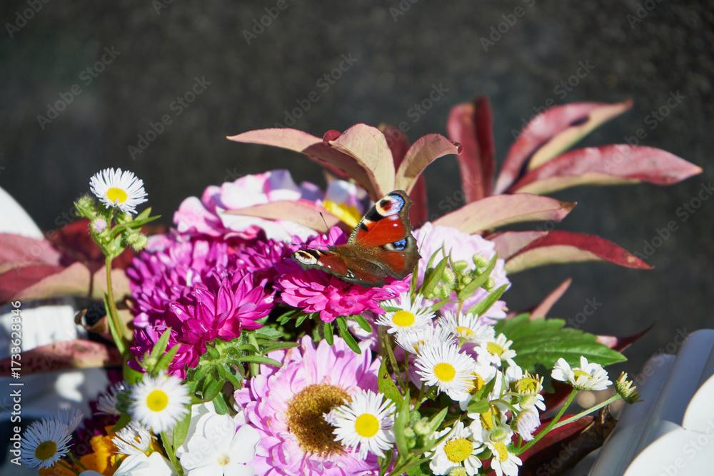 Naklejka premium motyl,bukiet kwiatów 