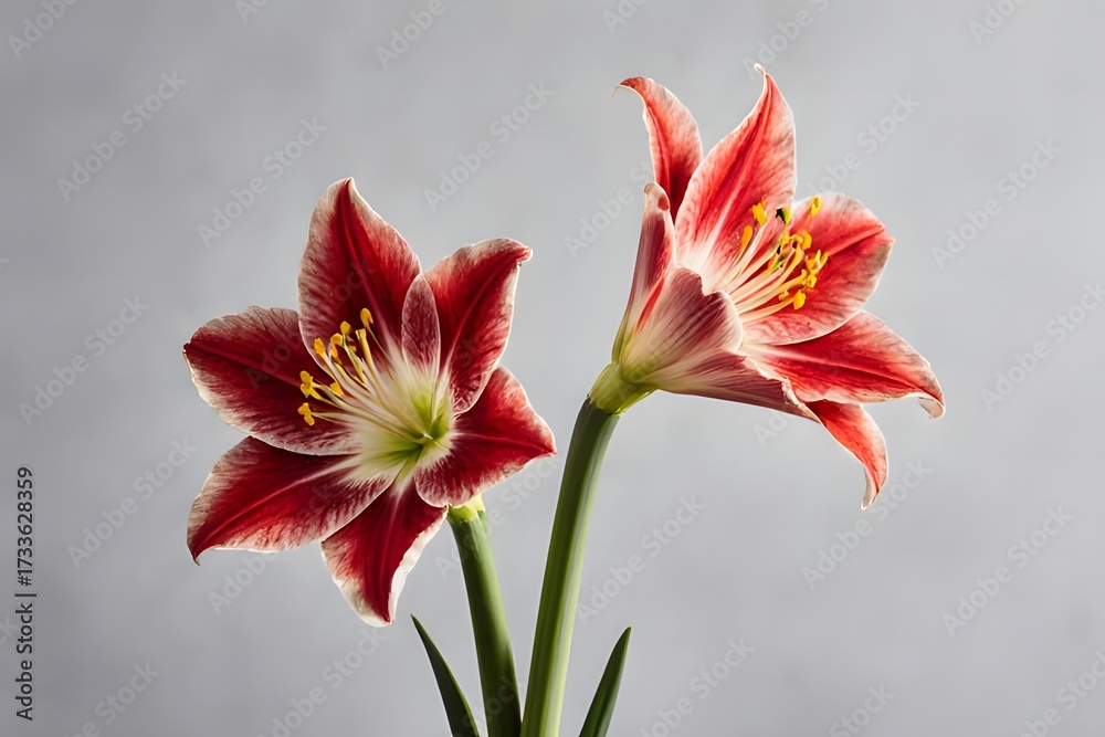 Fototapeta premium Two vibrant amaryllis flowers with red and white petals and prominent yellow stamens stand gracefully against a soft gray backdrop in a close up shot.