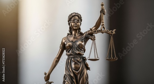 Bronze Lady Justice statue with blindfold and scales symbolizing impartial legal judgment. Classical figure represents fairness and equality in judicial system. Ideal for law firms and legal content.