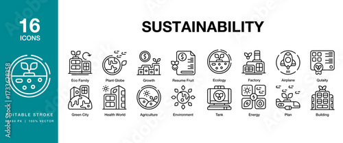 Sustainability icon set. Includes sustainability, green, nature, environment, sustainable and More. Editable Stroke Icon Collection.