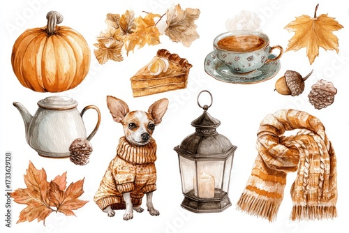 Autumn cozy watercolor set with dog, pumpkin and tea