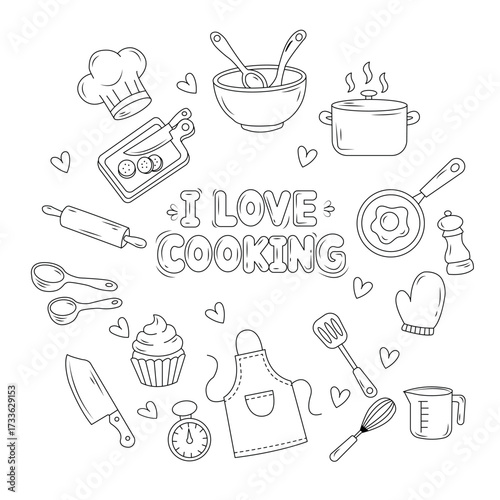 Charming Hand-Drawn Cooking Illustration with Kitchen Utensils and Baking Essentials for Culinary Enthusiasts