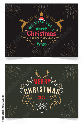 Christmas Greeting Cards with Fireworks and Reindeer