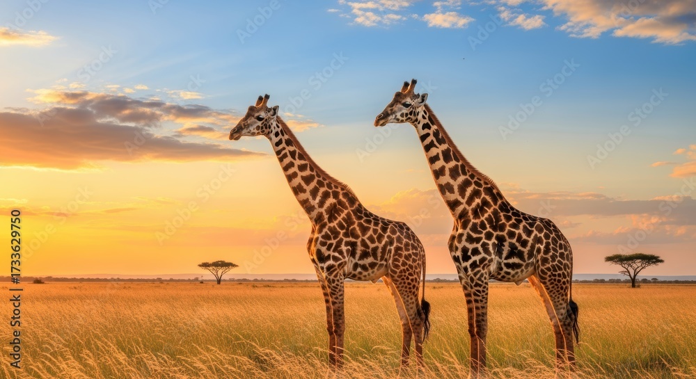 Obraz premium Two majestic giraffes stand gracefully in golden African savanna grasslands during stunning sunset. Acacia trees dot the horizon under dramatic sky with orange and blue hues.