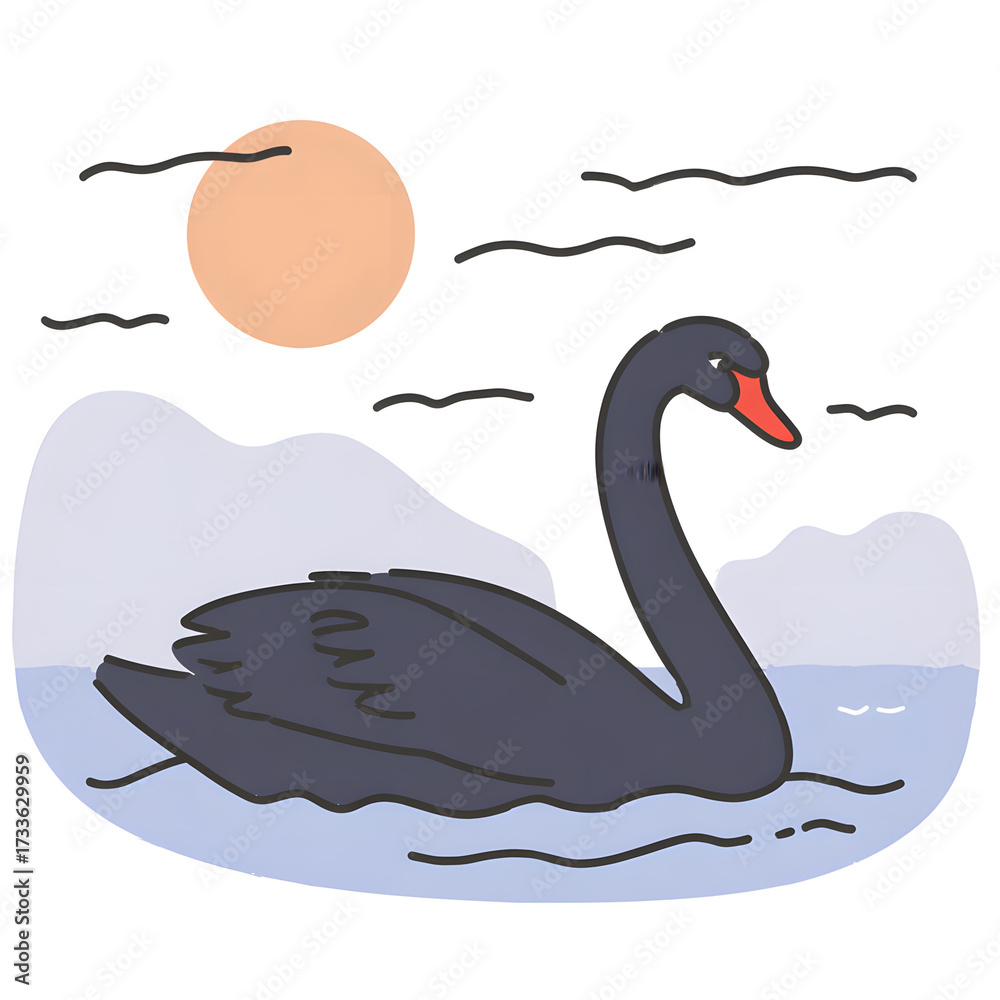 Fototapeta premium Watercolor illustration of a black swan on lake