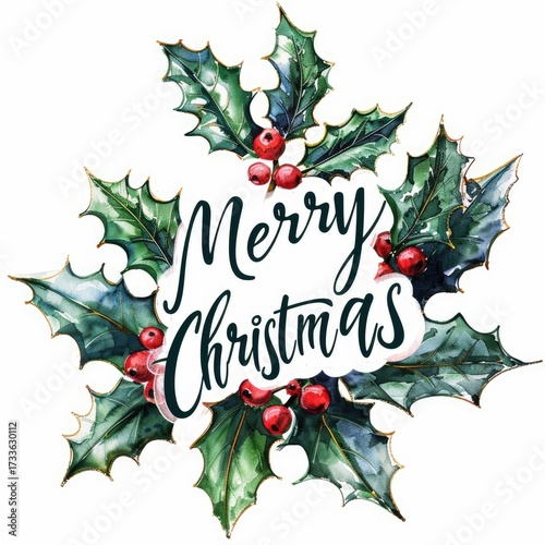 Merry Christmas watercolor holly wreath