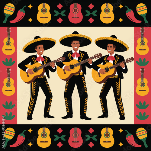 Three Mariachi Musicians in Traditional Attire Playing Guitars with Festive Border