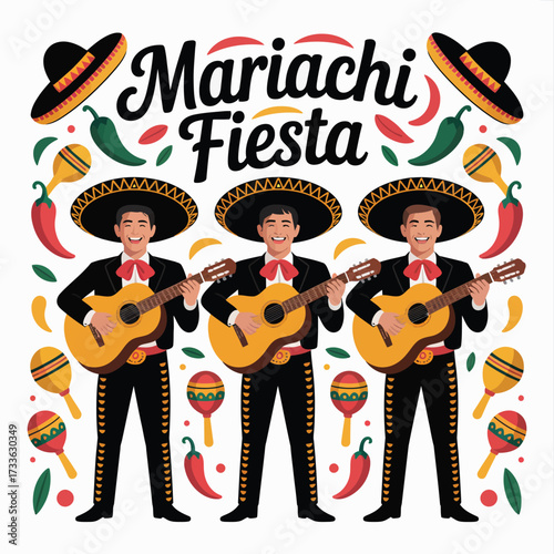 Three Mariachi musicians in traditional attire playing guitars with sombreros and maracas