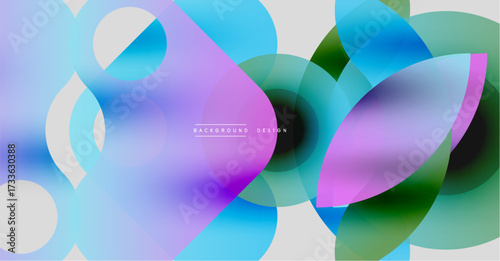 Abstract fluid shapes blend, creating vibrant purple, blue, green gradients. Soft circles overlap, forming dynamic composition. Modern design element.