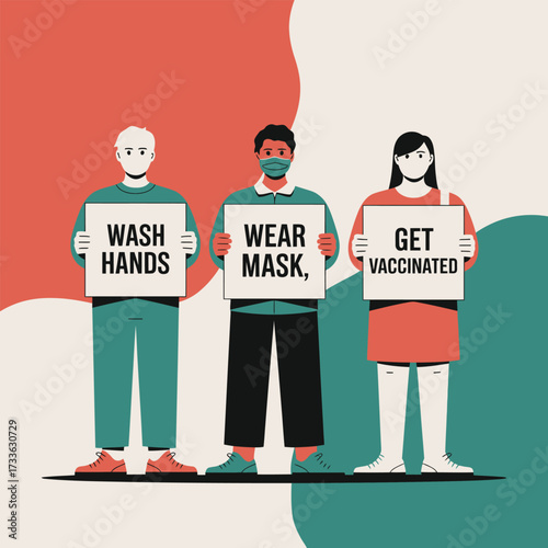 Three people wearing masks holding signs for hand washing mask wearing and vaccination Keywords: health, safety, hygiene, prevention, pandemic