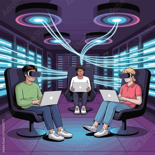 Three people wearing VR headsets and laptops in a server room with glowing connections