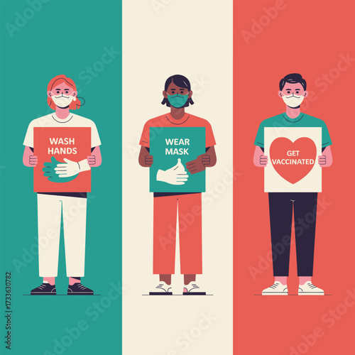 Three people wearing masks holding signs for hand washing mask wearing and vaccination Keywords: health, safety, hygiene, prevention, pandemic