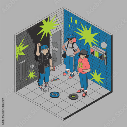 Three young people in a room with graffiti and bright green starbursts Keywords: graffiti, street art, urban, youth, friends, room, interior, brick