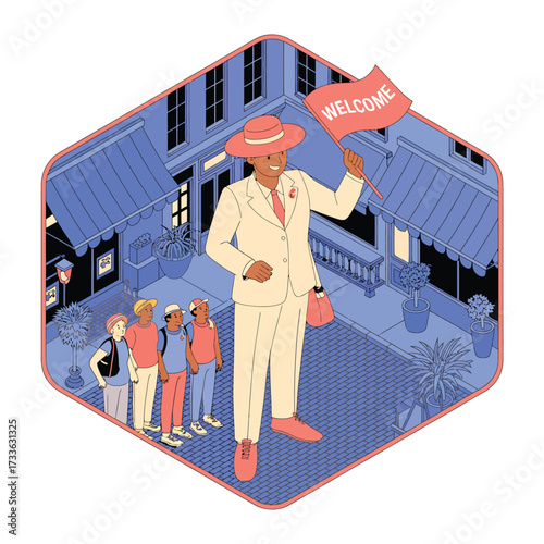 Tour Guide with Welcome Flag Leading Tourists in Isometric City Street group