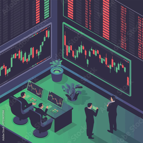 Traders analyzing stock market data on multiple screens in a modern trading room
