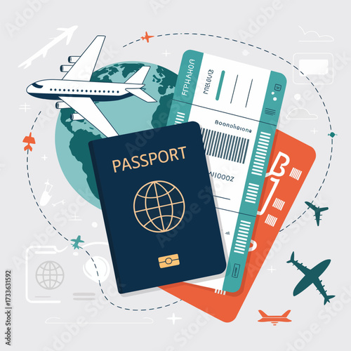 Travel concept with passport airplane tickets and globe graphic design