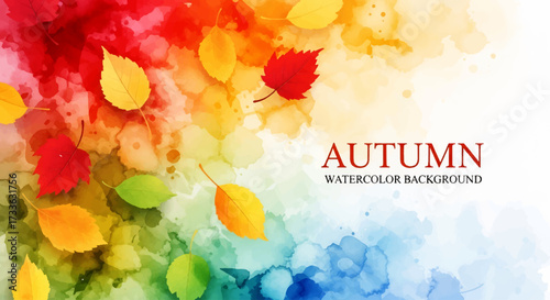 Watercolor painting of colorful autumn leaves falling on vibrant abstract background, ideal for seasonal greeting cards, posters, invitations, and fall-themed marketing designs