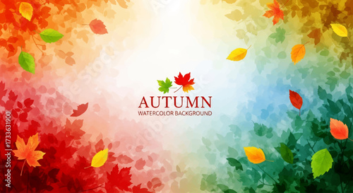 Watercolor painting of colorful autumn leaves falling on vibrant abstract background, ideal for seasonal greeting cards, posters, invitations, and fall-themed marketing designs