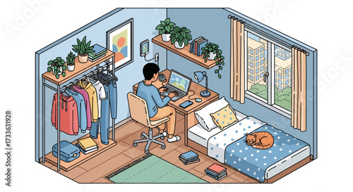 Isometric illustration of a modern, organized bedroom and workspace, depicting a person focused on their laptop in a cozy home environment with plants, a city view, and a sleeping cat