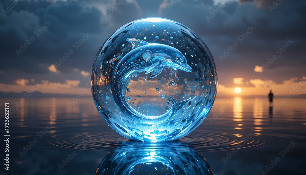 custom made wallpaper toronto digitalDolphin in a glass orb on water at sunset, creating a surreal scene
