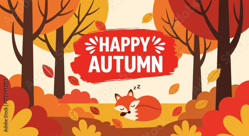 flat style illustration of a sleeping fox in an autumn forest with falling leaves and festive “Happy Autumn” text, perfect for seasonal greeting cards, fall promotions, and cozy lifestyle designs