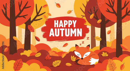 flat style illustration of a sleeping fox in an autumn forest with falling leaves and festive “Happy Autumn” text, perfect for seasonal greeting cards, fall promotions, and cozy lifestyle designs