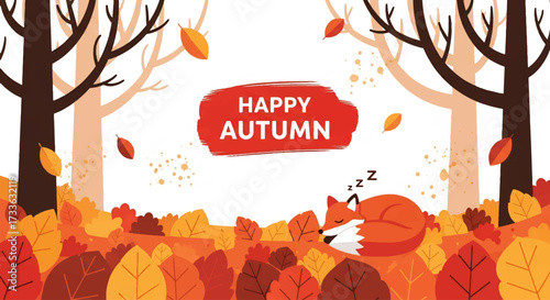 flat style illustration of a sleeping fox in an autumn forest with falling leaves and festive “Happy Autumn” text, perfect for seasonal greeting cards, fall promotions, and cozy lifestyle designs
