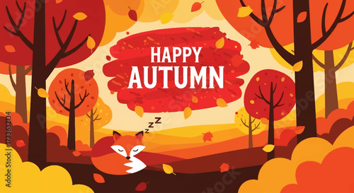 flat style illustration of a sleeping fox in an autumn forest with falling leaves and festive “Happy Autumn” text, perfect for seasonal greeting cards, fall promotions, and cozy lifestyle designs