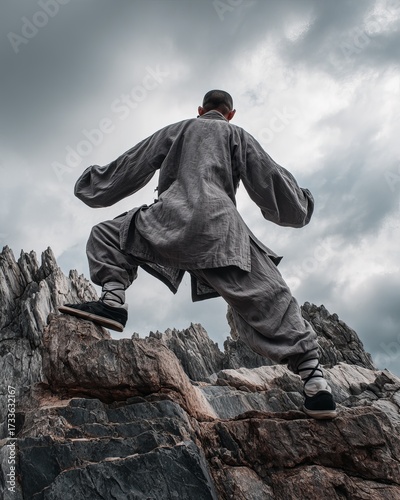 Martial artist in grey robes on rocky outcrop