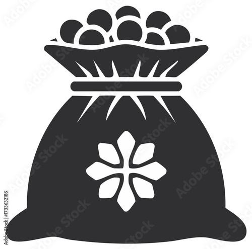 Stylized Bag Filled with Round Objects and Decorative Snowflake Design