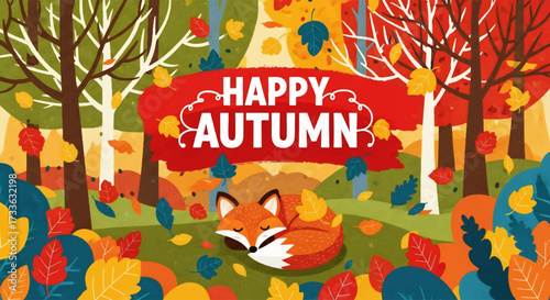 flat style illustration of a sleeping fox in an autumn forest with falling leaves and festive “Happy Autumn” text, perfect for seasonal greeting cards, fall promotions, and cozy lifestyle designs