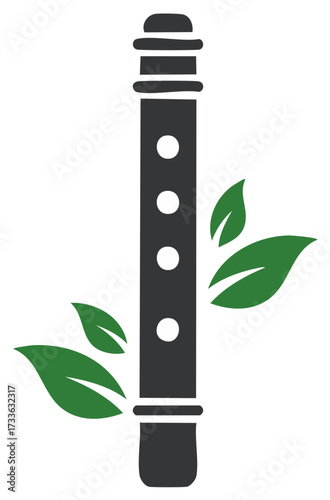 Black flute illustration with leaves, musical instrument design concept