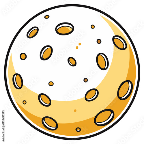 Playful illustrated celestial orb with dark craters and crescent yellow shading