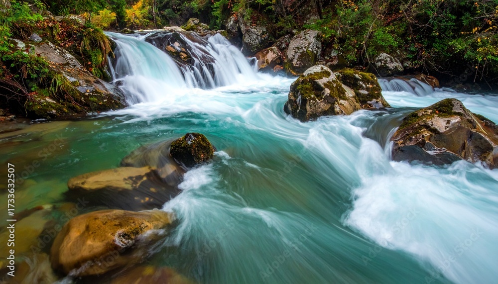 Fototapeta premium Cascading Turquoise River Through Mossy Boulders, Rushing River and Waterfalls Flowing Around Rocks in a Lush Forest
