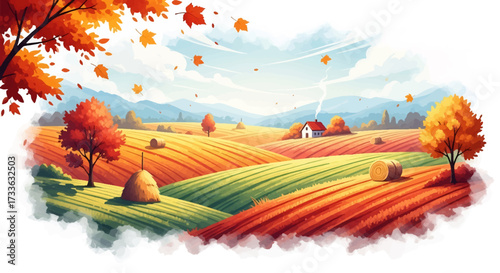Colorful illustration of autumn countryside with fields, haystacks, farmhouse, and trees with falling leaves, symbolizing rural lifestyle, harvest season, and peaceful nature landscape