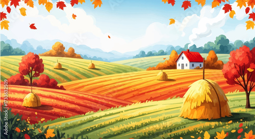 Colorful illustration of autumn countryside with fields, haystacks, farmhouse, and trees with falling leaves, symbolizing rural lifestyle, harvest season, and peaceful nature landscape