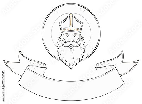Vintage style king or wise man head in crown with long beard in round frame above blank banner