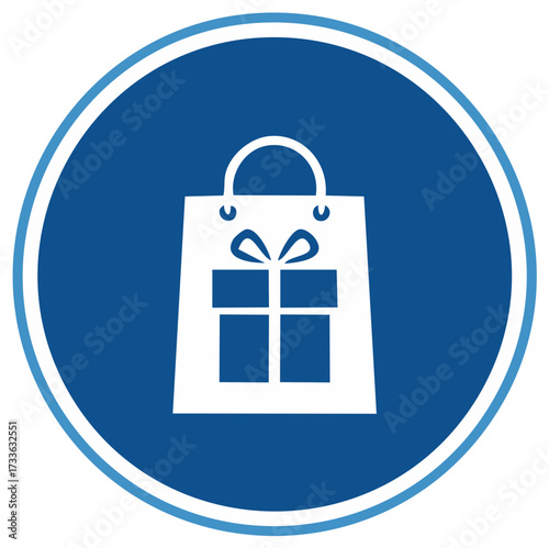 Modern shopping bag icon with a gift box design inside a blue circle representing retail sales and holiday presents