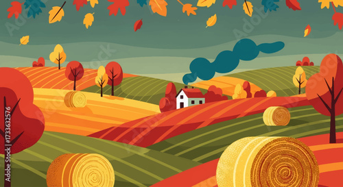 Colorful illustration of autumn countryside with fields, haystacks, farmhouse, and trees with falling leaves, symbolizing rural lifestyle, harvest season, and peaceful nature landscape
