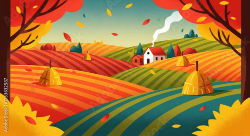 Colorful illustration of autumn countryside with fields, haystacks, farmhouse, and trees with falling leaves, symbolizing rural lifestyle, harvest season, and peaceful nature landscape