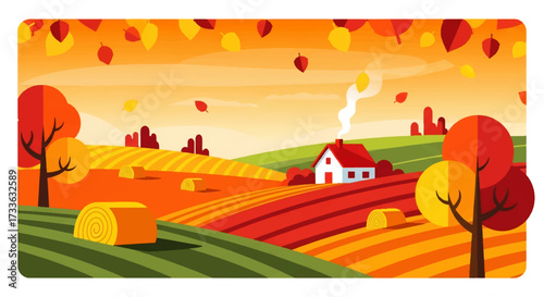 Colorful illustration of autumn countryside with fields, haystacks, farmhouse, and trees with falling leaves, symbolizing rural lifestyle, harvest season, and peaceful nature landscape