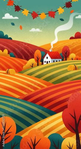 Colorful illustration of autumn countryside with fields, haystacks, farmhouse, and trees with falling leaves, symbolizing rural lifestyle, harvest season, and peaceful nature landscape